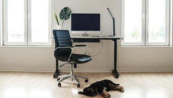 Minimalist desk setup with a white laminate desktop on a black frame